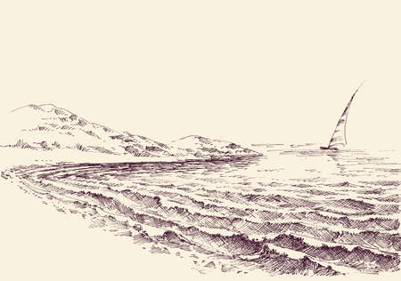 Sailboat in the sea, lateral view from shoreのイラスト素材