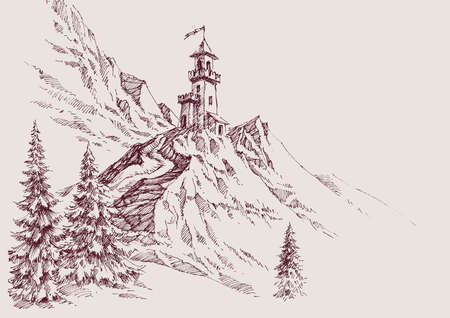 A castle on top of the mountains hand drawingのイラスト素材