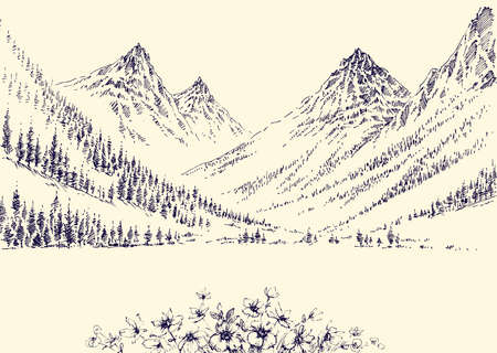 Mountains panorama and alpine pine forest landscape hand drawingのイラスト素材