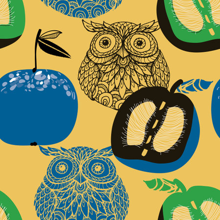 Plum, apple and cute birds seamless pattern over mustard color backgroundのイラスト素材