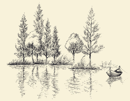 Small boat on calm water, lake drawing, sketched border of trees in the backgroundのイラスト素材