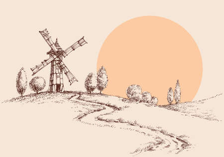 Old wind mills on hills landscape, hand drawn nature designのイラスト素材