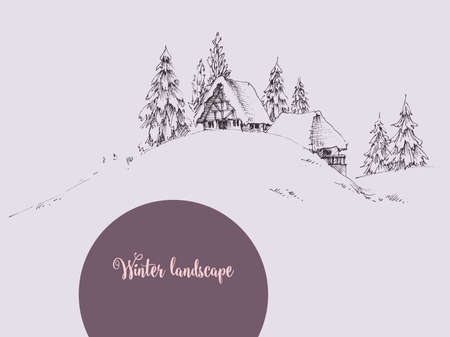 Sketched winter landscape, small houses and forest in the distanceのイラスト素材