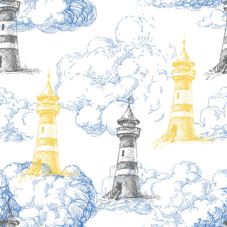 Lighthouse and blue clouds, marine seamless patternのイラスト素材