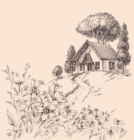 Small wooden house on a hill landscapeのイラスト素材