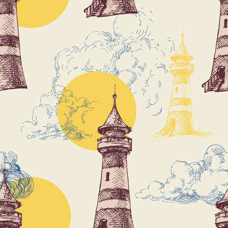Lighthouse, sun and sky seaside holiday and vacation seamless patternのイラスト素材