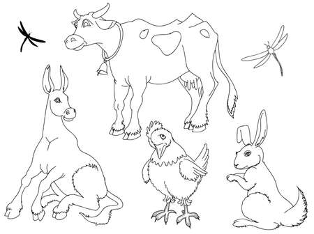 Domestic animals outlined set. A collection of farm animals, cow, donkey, rabbit, and chicken ready to colorのイラスト素材