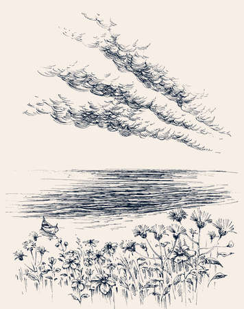 Seascape hand drawing. Sea view from shoreのイラスト素材