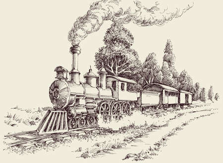 Old steam train on railways landscape hand drawingのイラスト素材