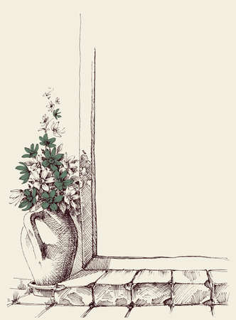 Flowers in ceramic pot at house entrance vector hand drawingのイラスト素材
