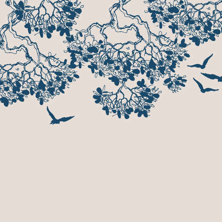Birds flying up in the sky over tree branches backgroundのイラスト素材