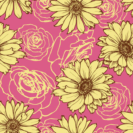 Floral seamless pattern over pink background, roses and daisy design for wallpapersのイラスト素材