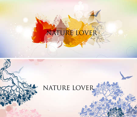 Nature abstract backgrounds set. Sky, trees, autumn leaf and birds flying bannersのイラスト素材