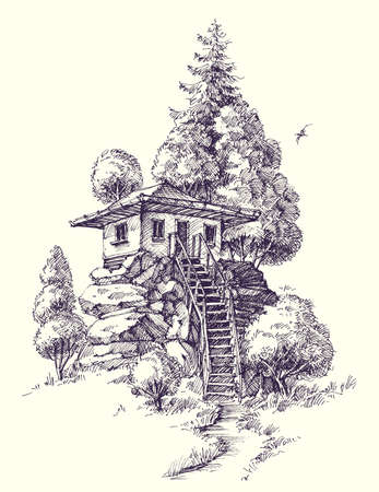 Wooden house, lodge or cabin on a hill under the trees hand drawingのイラスト素材
