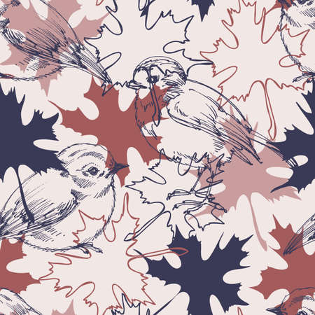 Birds and fall leaf seamless pattern in autumnal colorsのイラスト素材