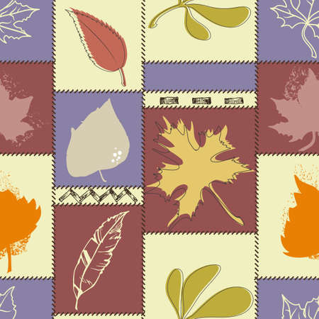 Fall leaf seamless pattern over square color blocksのイラスト素材