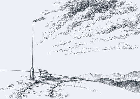 City park alley street lamp and bench hand drawingのイラスト素材