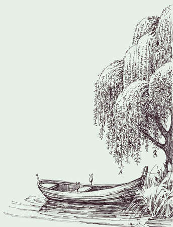 Boat on lake anchored near a willow treeのイラスト素材