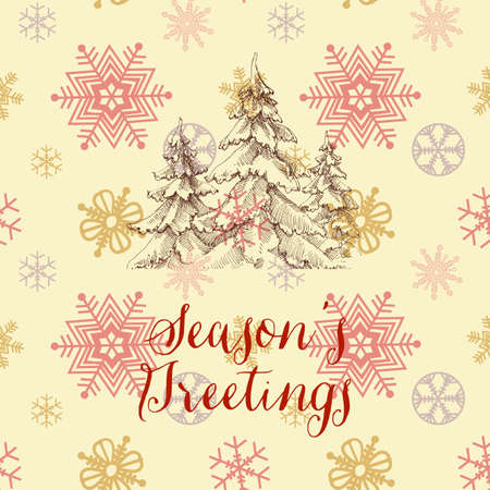 Pine trees Christmas greeting card, season's greetings, snowflakes background patternのイラスト素材