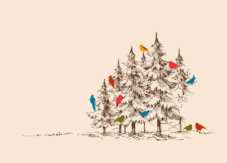 Birds decorating Christmas trees. Christmas eve in nature backgroundのイラスト素材