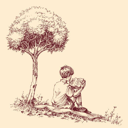 Child reading a book outdoor sitting in the grass under a treeのイラスト素材