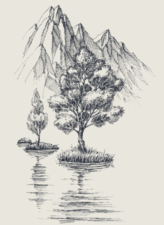 Lake in the mountains, trees reflections in the water carbon drawingのイラスト素材