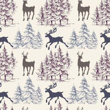 Christmas trees and deers seamless pattern, pine trees forest designのイラスト素材