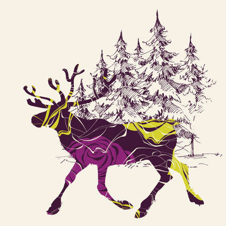 Christmas deer and pine trees forest greeting cardのイラスト素材