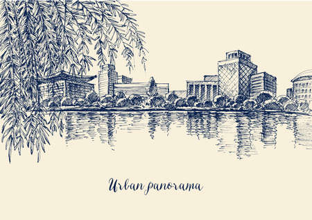 City panorama, generic modern architecture, front view across the river hand drawingのイラスト素材