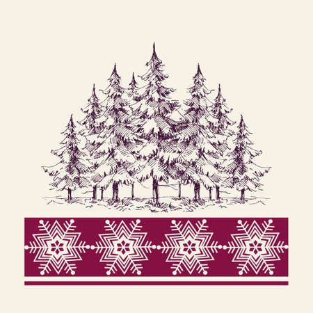 Christmas pine trees forest, snowflakes border greeting cardのイラスト素材