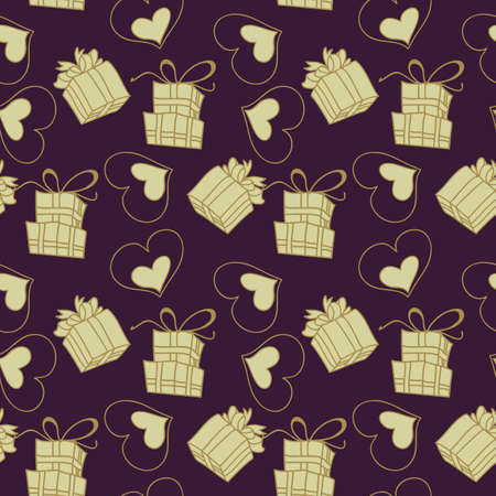 Love gifts seamless pattern.Golden adorned present boxes and hearts designのイラスト素材