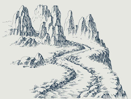 Hiking road in the mountains, alpine rocky landscape, mountain ranges  hand drawingのイラスト素材