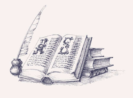 Old books stack and ink quill hand drawingのイラスト素材