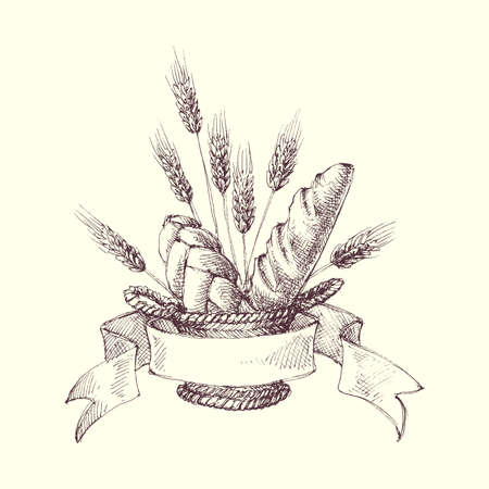 Bread basket with cereal ears of grains hand drawingのイラスト素材