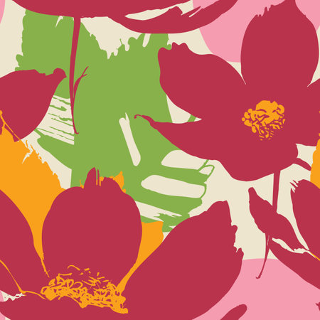 Red flowers and leaf seamless pattern vector illustrationのイラスト素材