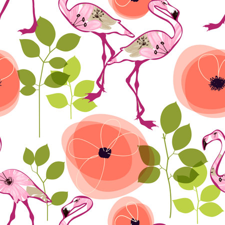Flamingo birds and exotic flowers seamless patternのイラスト素材