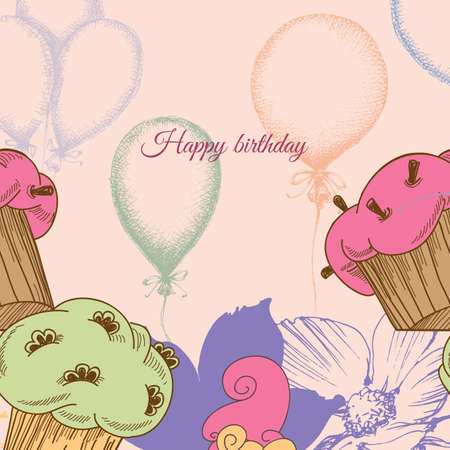 Birthday greeting card or birthday party invitation, cupcakes and balloons designのイラスト素材