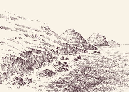 Rocky shore of the sea, waves breaking on shore hand drawingのイラスト素材