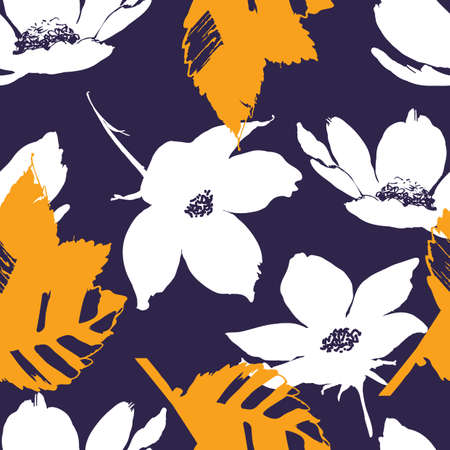 Elegant floral seamless pattern, white abstract flowers over dark backgroundのイラスト素材