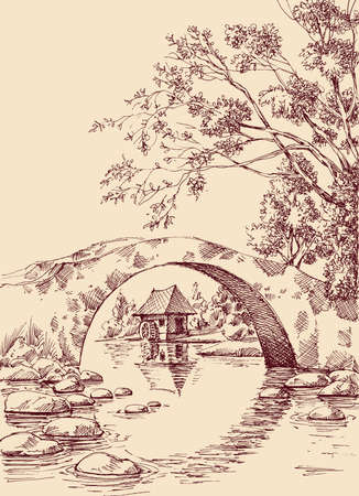 Stone bridge over river landscape and a water mill hand drawingのイラスト素材