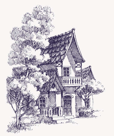 Wooden house, lodge or cabin, oak trees hand drawingのイラスト素材
