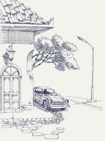 Old retro car on the road sketch. Retro urban backgroundのイラスト素材