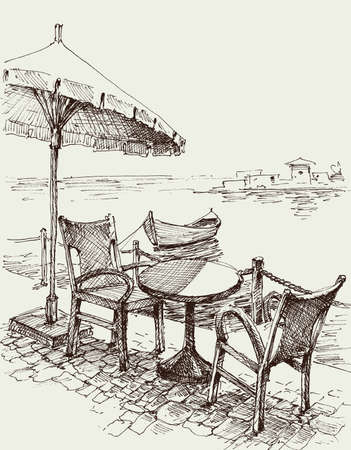 Restaurant table and chairs under umbrella on sea shore sketchのイラスト素材