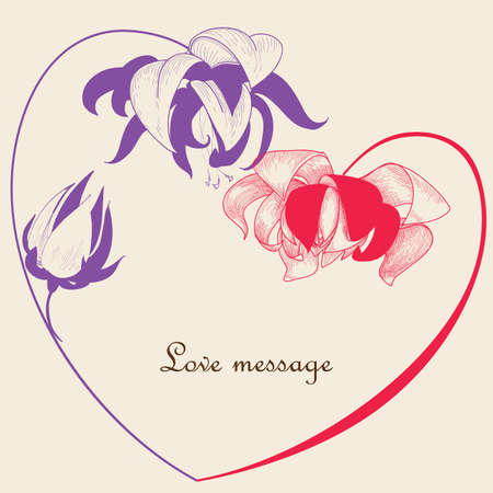 Floral design elements hand drawn, heart shaped frame floral arrangement, love messageのイラスト素材