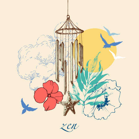Wind chimes over the sky background. Zen poster for well being and relaxationのイラスト素材