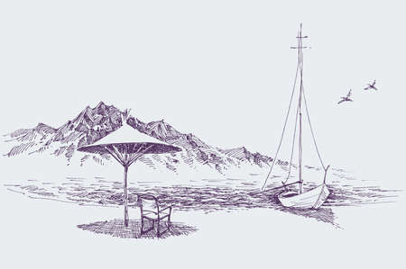 Summer holidays scene. Sun umbrella and a chair on the beach, sailing boat on shoreのイラスト素材