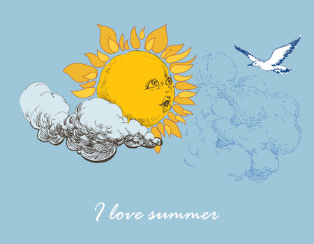 Summer sky holidays seasonal card. Sun watching a seagull in the blue skyのイラスト素材