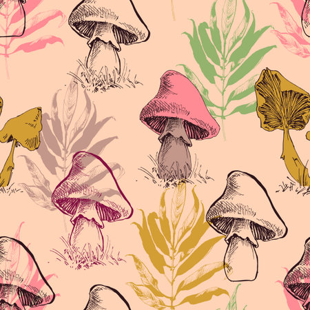Cute mushrooms and leaves seamless patternのイラスト素材