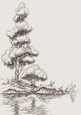 River flow and nature landscape hand drawingのイラスト素材