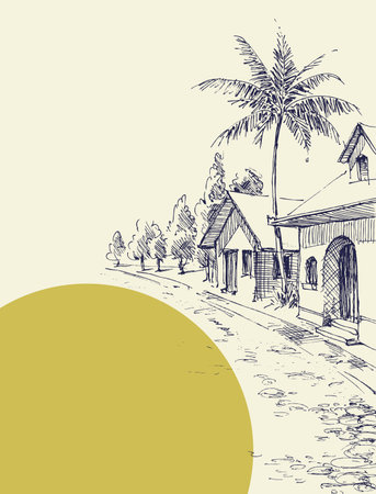 Beach village street, palm trees and buildings with space for textのイラスト素材